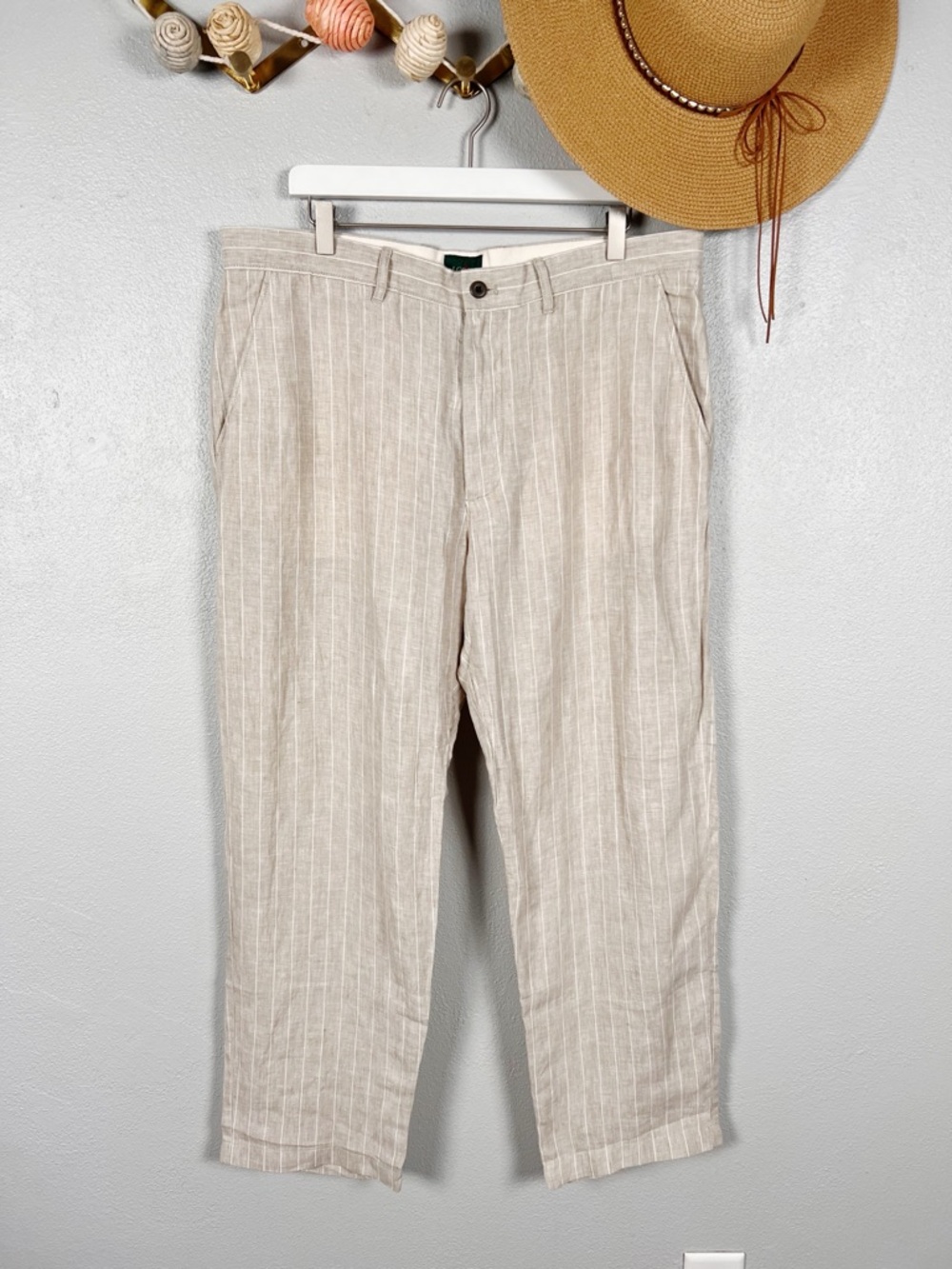 J. Crew Classic Fit Linen Trousers 36x30 Khaki Ivory Pinstripe NWT Men's - Picture 2 of 10
